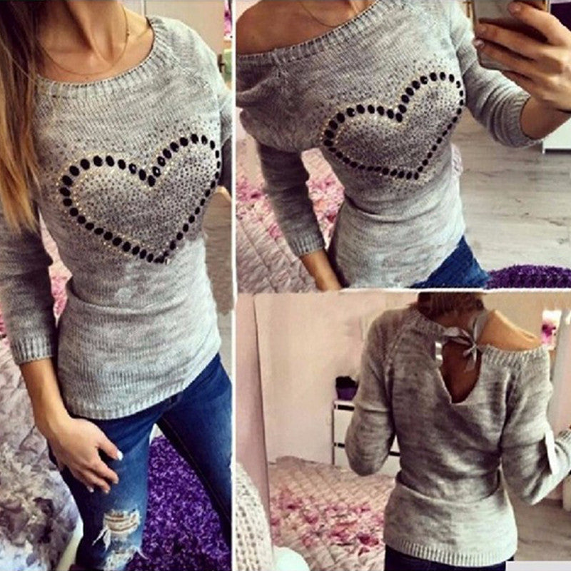 Online discount shop Australia - Fashion Women Knitted Sweater Longsleeve Heart Print Elastic Love Pattern Thin Casual Knitting Girl Fall Pullover Sweater