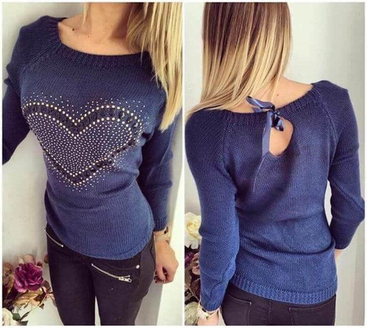 Online discount shop Australia - Fashion Women Knitted Sweater Longsleeve Heart Print Elastic Love Pattern Thin Casual Knitting Girl Fall Pullover Sweater