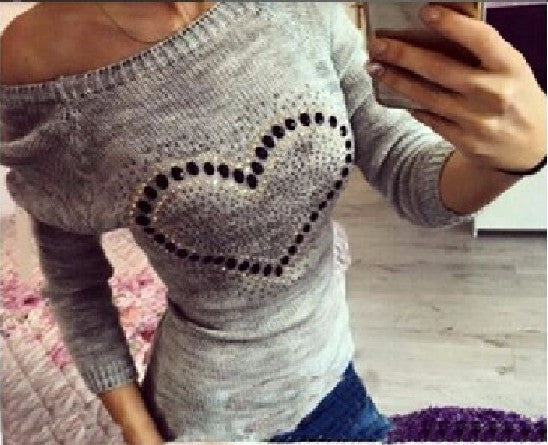 Online discount shop Australia - Fashion Women Knitted Sweater Longsleeve Heart Print Elastic Love Pattern Thin Casual Knitting Girl Fall Pullover Sweater