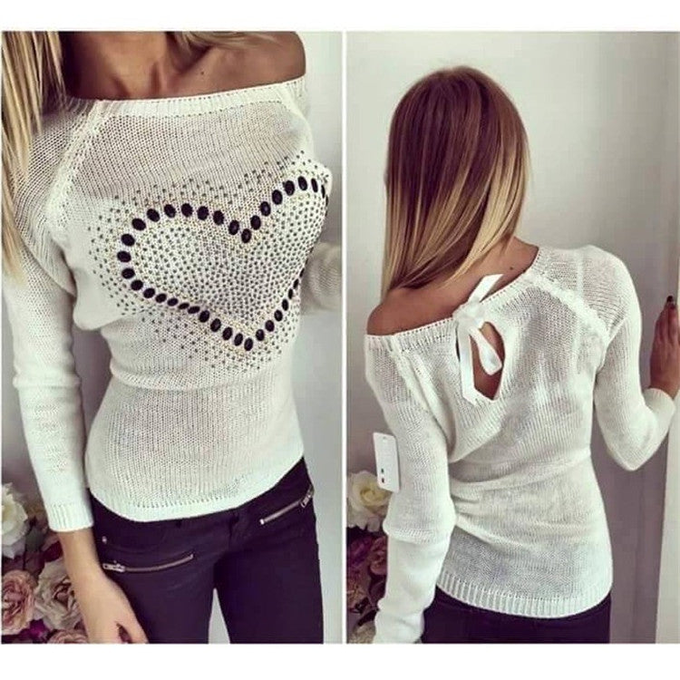 Online discount shop Australia - Fashion Women Knitted Sweater Longsleeve Heart Print Elastic Love Pattern Thin Casual Knitting Girl Fall Pullover Sweater