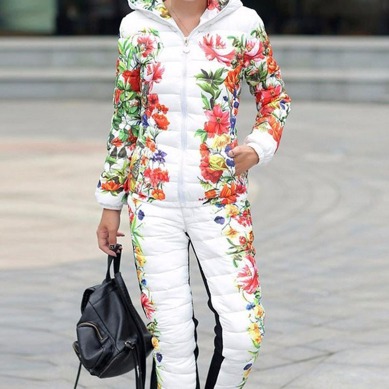 Women Casual Flower Printed Hooded Warm Basic Parka Suits (Coat+Pants Sets ) Outwear