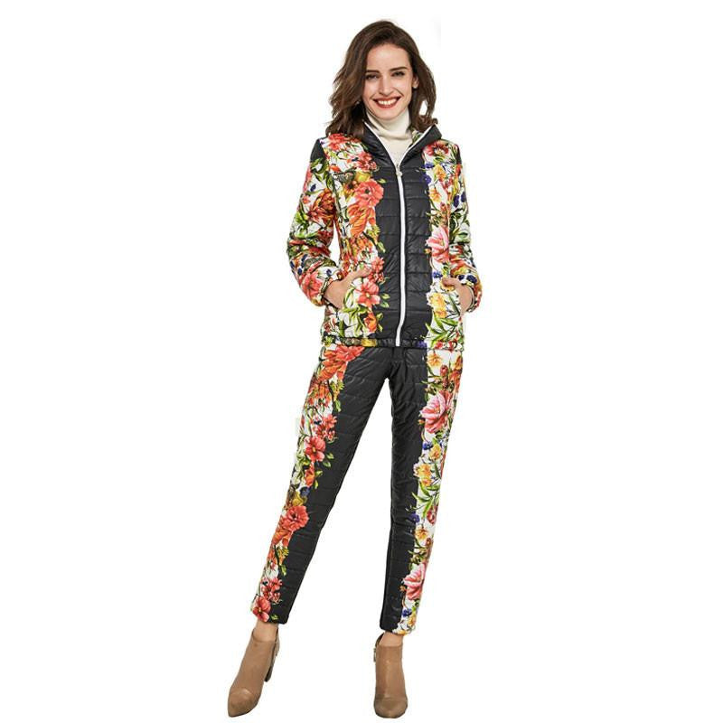 Women Casual Flower Printed Hooded Warm Basic Parka Suits (Coat+Pants Sets ) Outwear