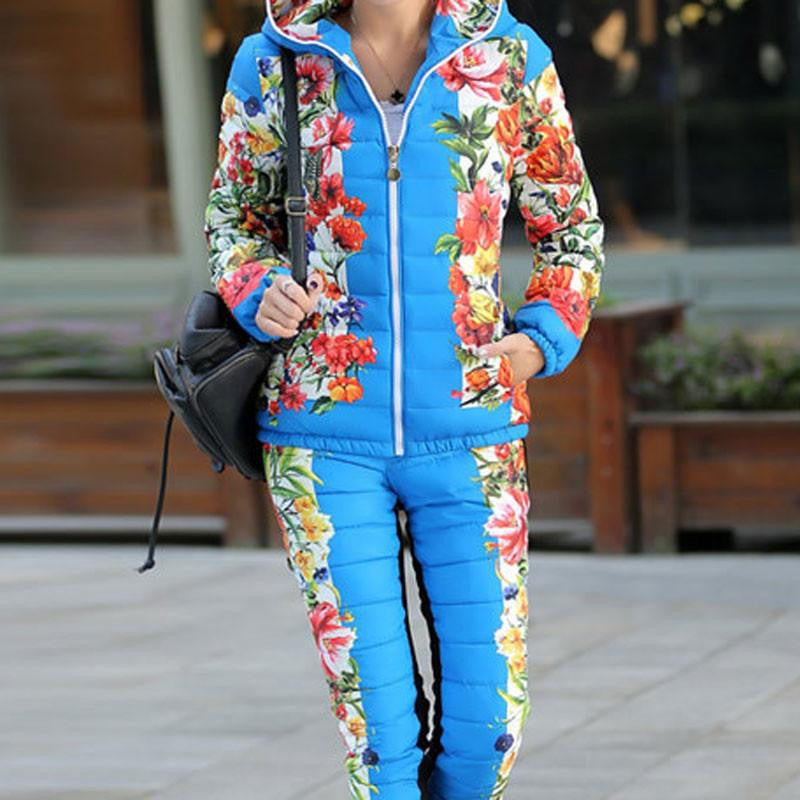 Women Casual Flower Printed Hooded Warm Basic Parka Suits (Coat+Pants Sets ) Outwear