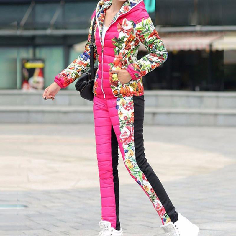 Women Casual Flower Printed Hooded Warm Basic Parka Suits (Coat+Pants Sets ) Outwear