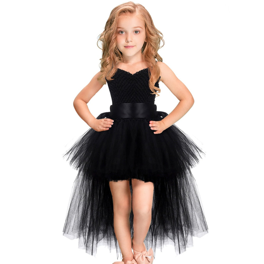 Black Girls Tutu Dress Tulle V-neck Train Girl Evening Birthday Party Dresses Kids Girl Ball Gown Dress Halloween Costume 1-14YY