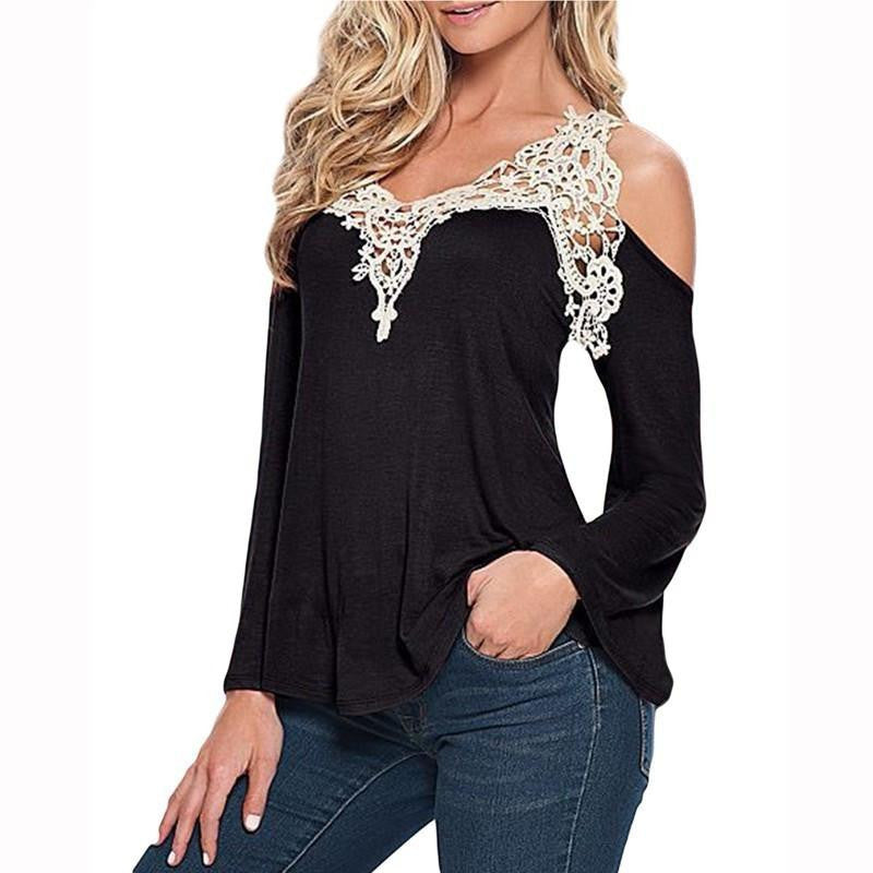 Women's V Neck Long Sleeve Off Shoulder Lace Hollow out Crochet BlouseTop Shirt Lady Party