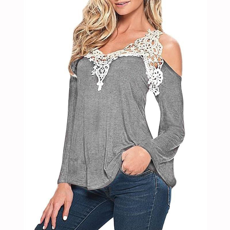 Women's V Neck Long Sleeve Off Shoulder Lace Hollow out Crochet BlouseTop Shirt Lady Party