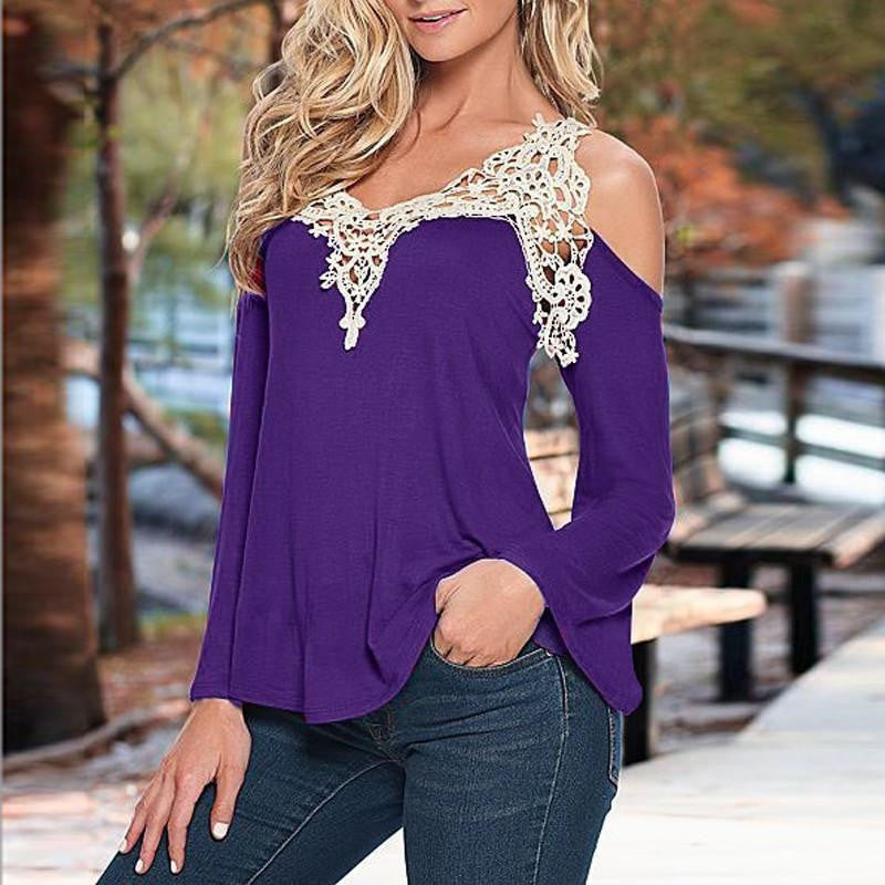 Women's V Neck Long Sleeve Off Shoulder Lace Hollow out Crochet BlouseTop Shirt Lady Party