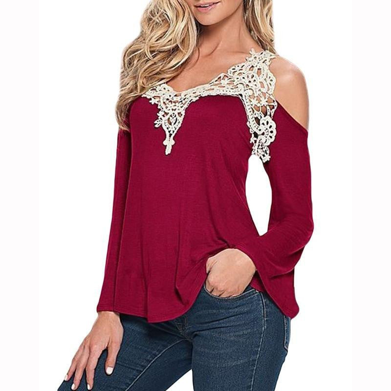 Women's V Neck Long Sleeve Off Shoulder Lace Hollow out Crochet BlouseTop Shirt Lady Party