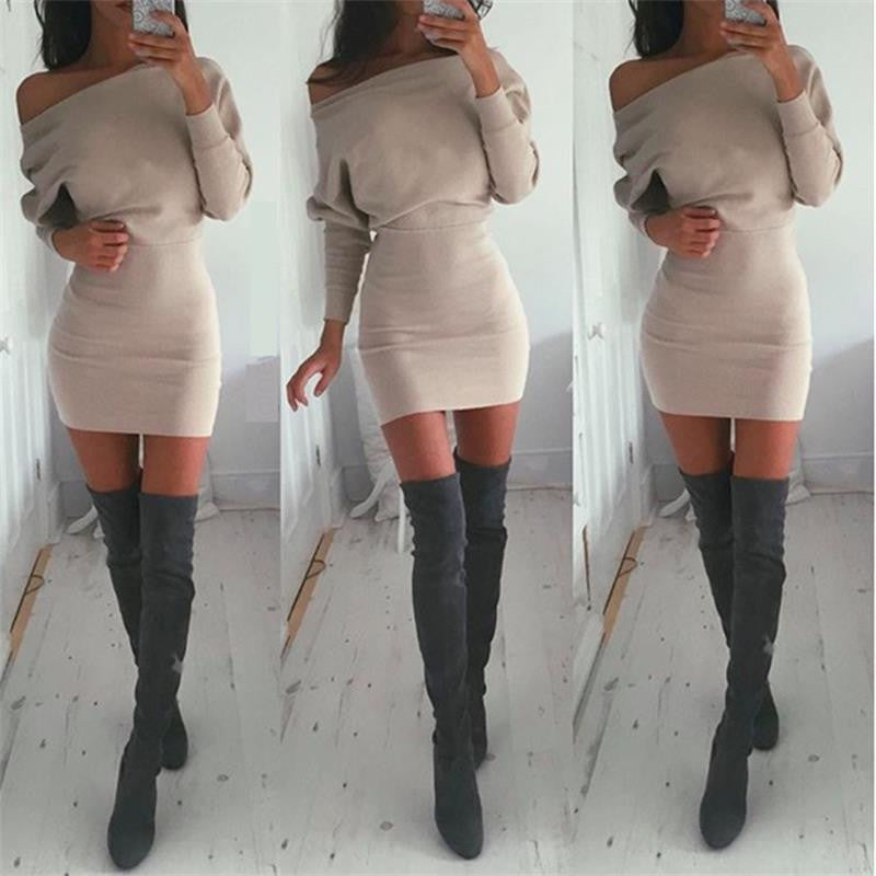 Winter fashion empire batwing sleeve knitting solid shealth sexy slash neck knit dresses 4 colors