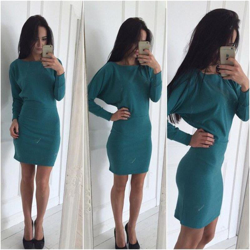 Winter fashion empire batwing sleeve knitting solid shealth sexy slash neck knit dresses 4 colors