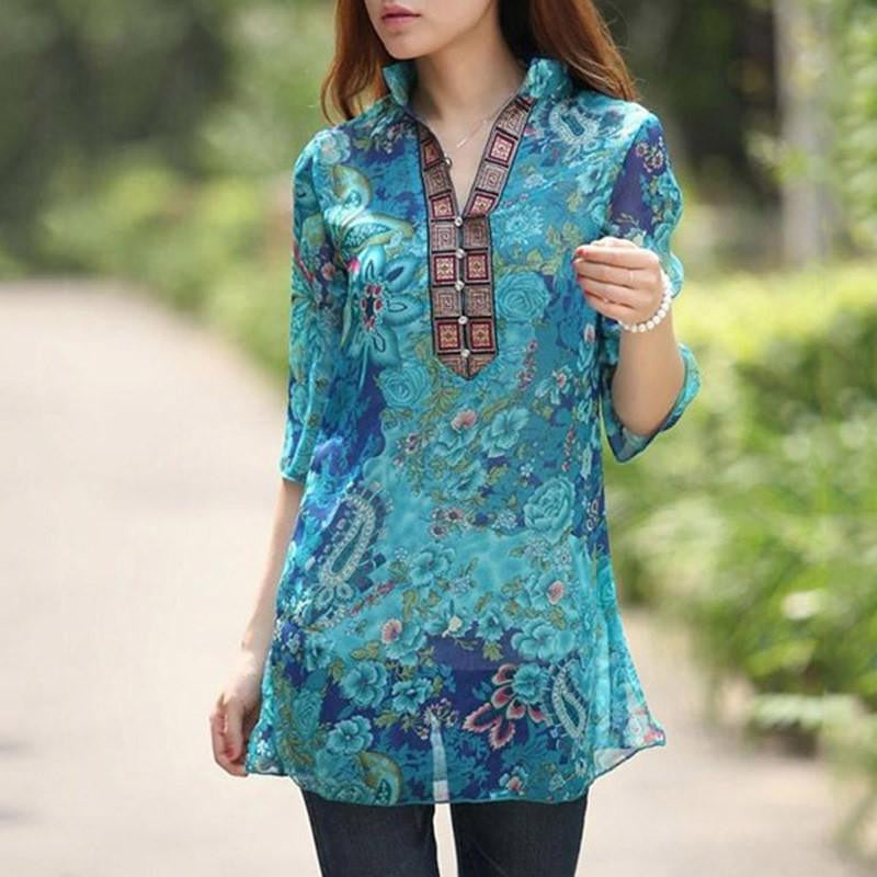 Women Floral Chiffon Vintage Embroidery V neck 3/4 Sleeve Blouse See Through Loose Long Shirt Dress Plus Size