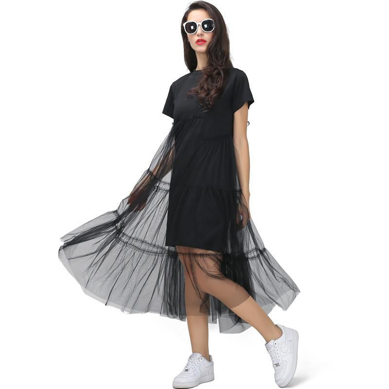 Summer Korean Plus Size Splicing Pleated Mesh T shirt Dress Women Black Gray Color Clothing Fashion