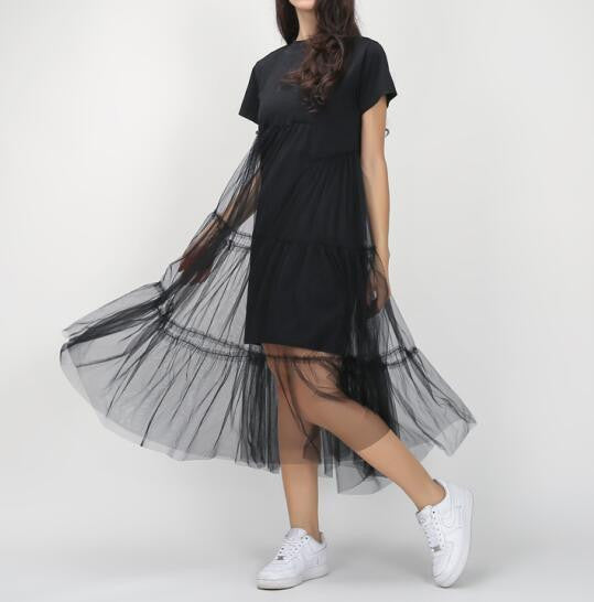 Summer Korean Plus Size Splicing Pleated Mesh T shirt Dress Women Black Gray Color Clothing Fashion