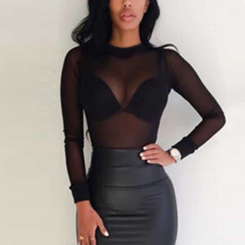 Women Blouses See Through Transparent Mesh O-Neck Long Sleeve Ladies Sheer Blouse Shirt Plus Size