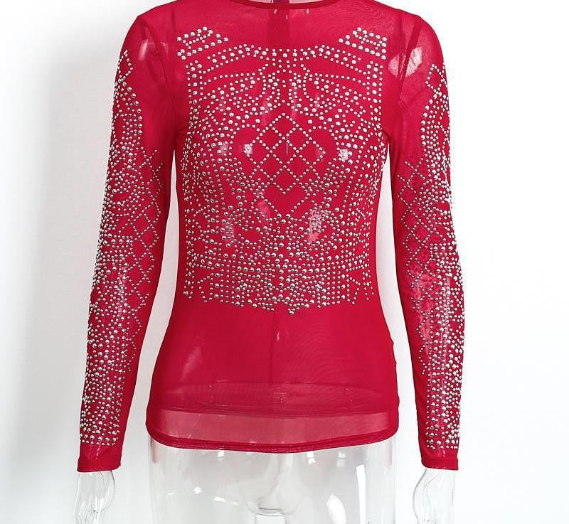 mesh geometric print rhinestone blouse shirt long sleeve o neck party women tops Club