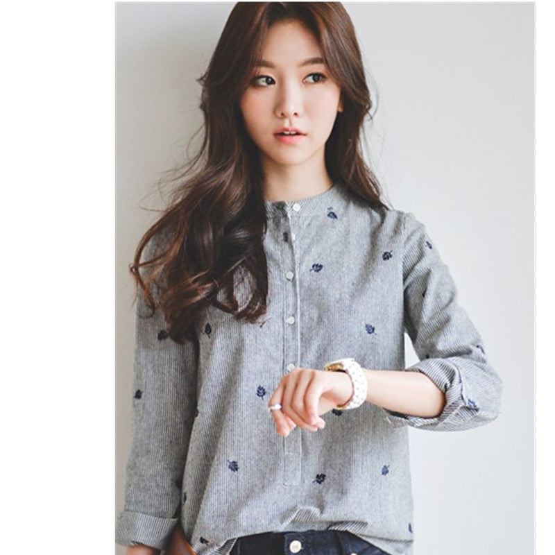 Online discount shop Australia - Embroidery Blouse Shirt Women Gray Striped Stand Collar Shirt Long Sleeve Female Buttons Leaves Embroidered Tops