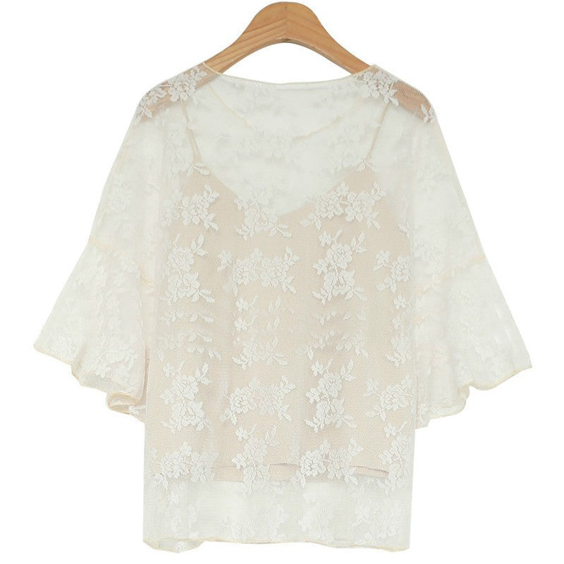 fashion Women O-Neck Tops wild small tape embroidered chiffon blouse Crochet lace Two-piece Trumpet sleeves