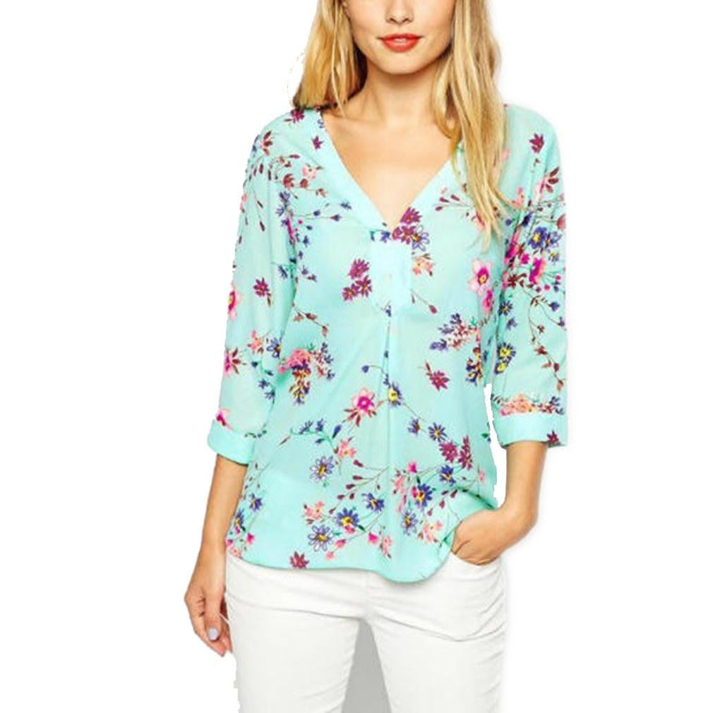 Top Design Chiffon Blouses 3/4 Sleeve V-Neck Blouse Elegant Floral Printed Blouse Casual Loose Shirt Tops BM6619