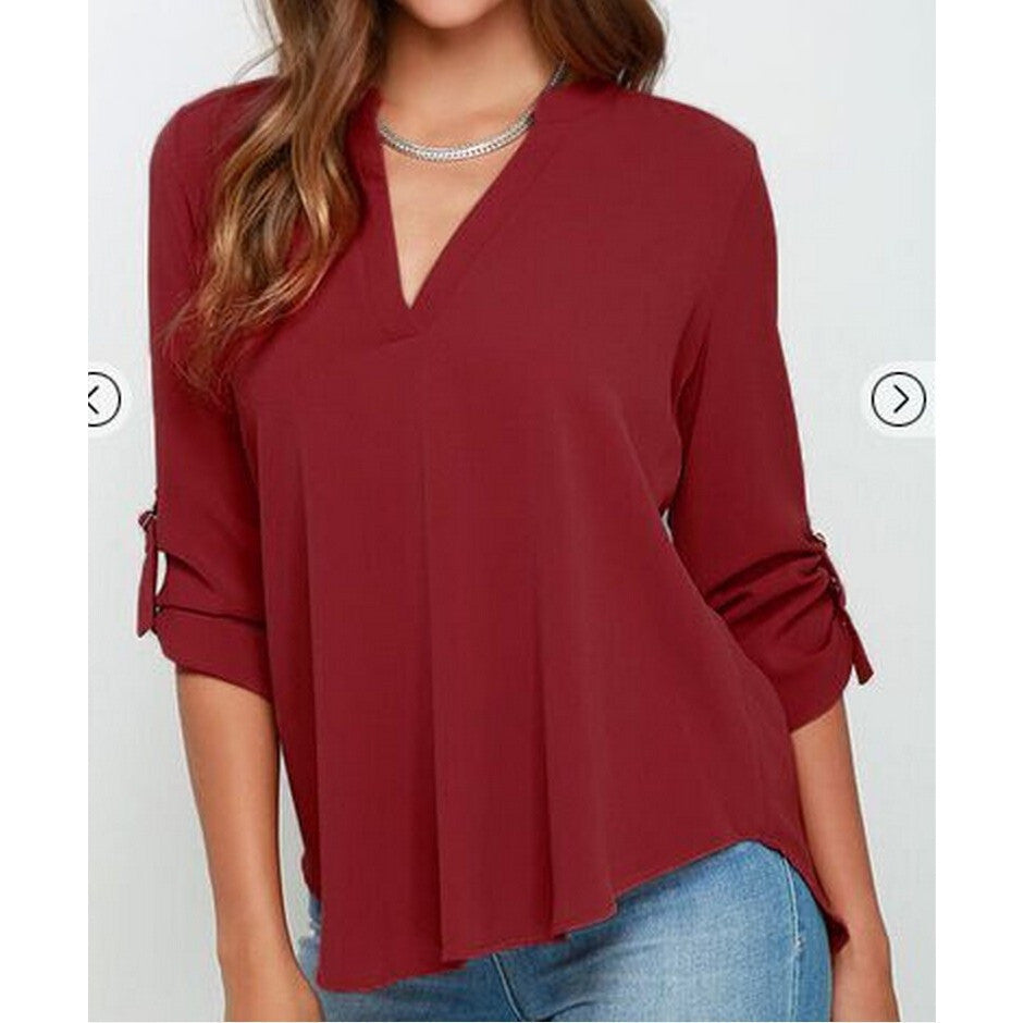 Fashion Style Women V-neck Chiffon Blouse Casual Sleeve Solid Shirts Tops Size S-5XL