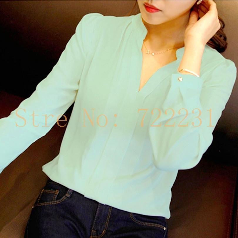 Women's Long-sleeved Green Solid Chiffon Shirt Elegant White Blouse V-neck Plus Size Women Blouses Office