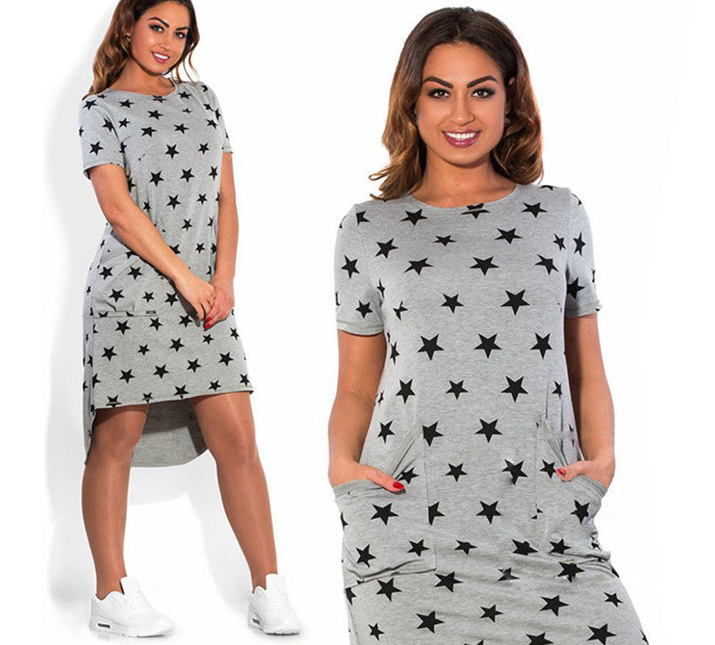 Online discount shop Australia - Fashion Print Star summer women dresses big sizes NEW plus size women clothing Knee-Length dress casual o-neck loose dress