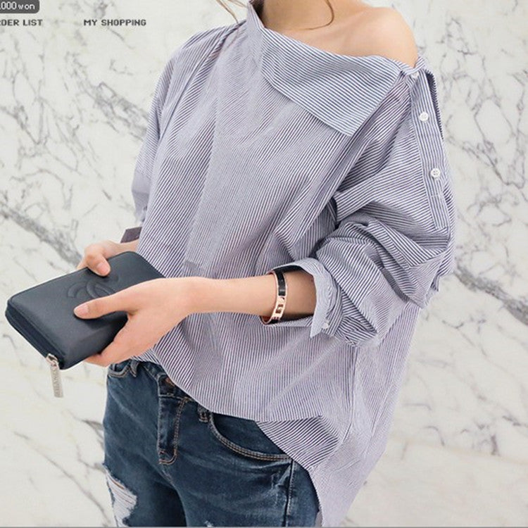 Online discount shop Australia - Fashion Women Shirts Batwing Full Sleeve Striped Loose Oblique Collar Blouse Shirt Top Blue 1269