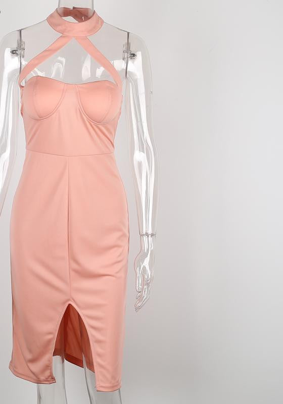 Online discount shop Australia - Elegant halter pink bandage dress women Sexy front split evening party bodycon dresses Strapless club vestidos