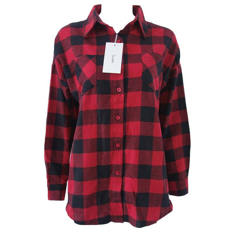 Red plaid print long blouse shirt casual plus size women tops Two pocket