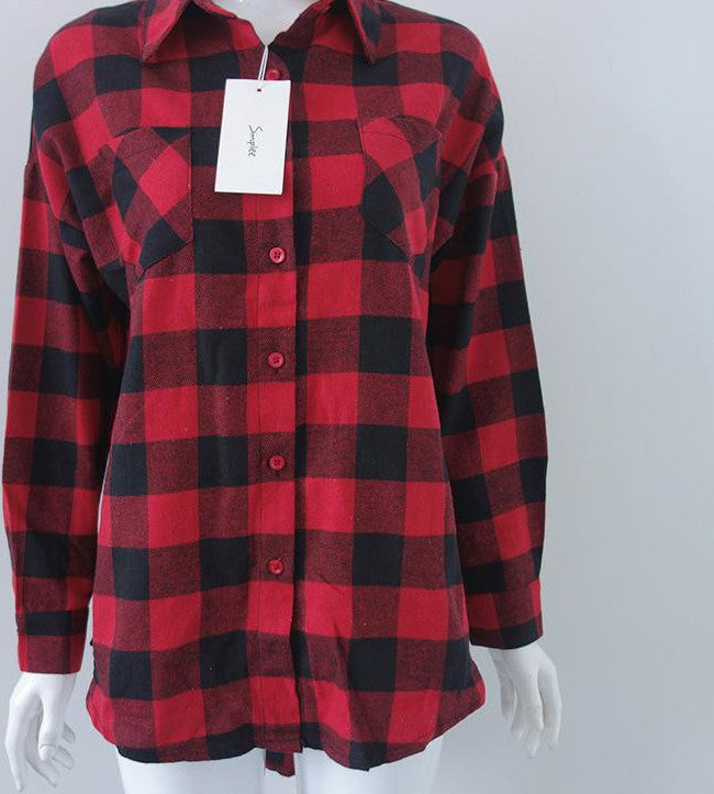 Red plaid print long blouse shirt casual plus size women tops Two pocket