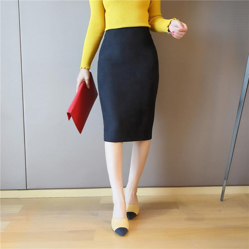 Women's Leather Suede Pencil Skirt Fashion Slim Elastic Hip Step Midi Women Skirts Female
