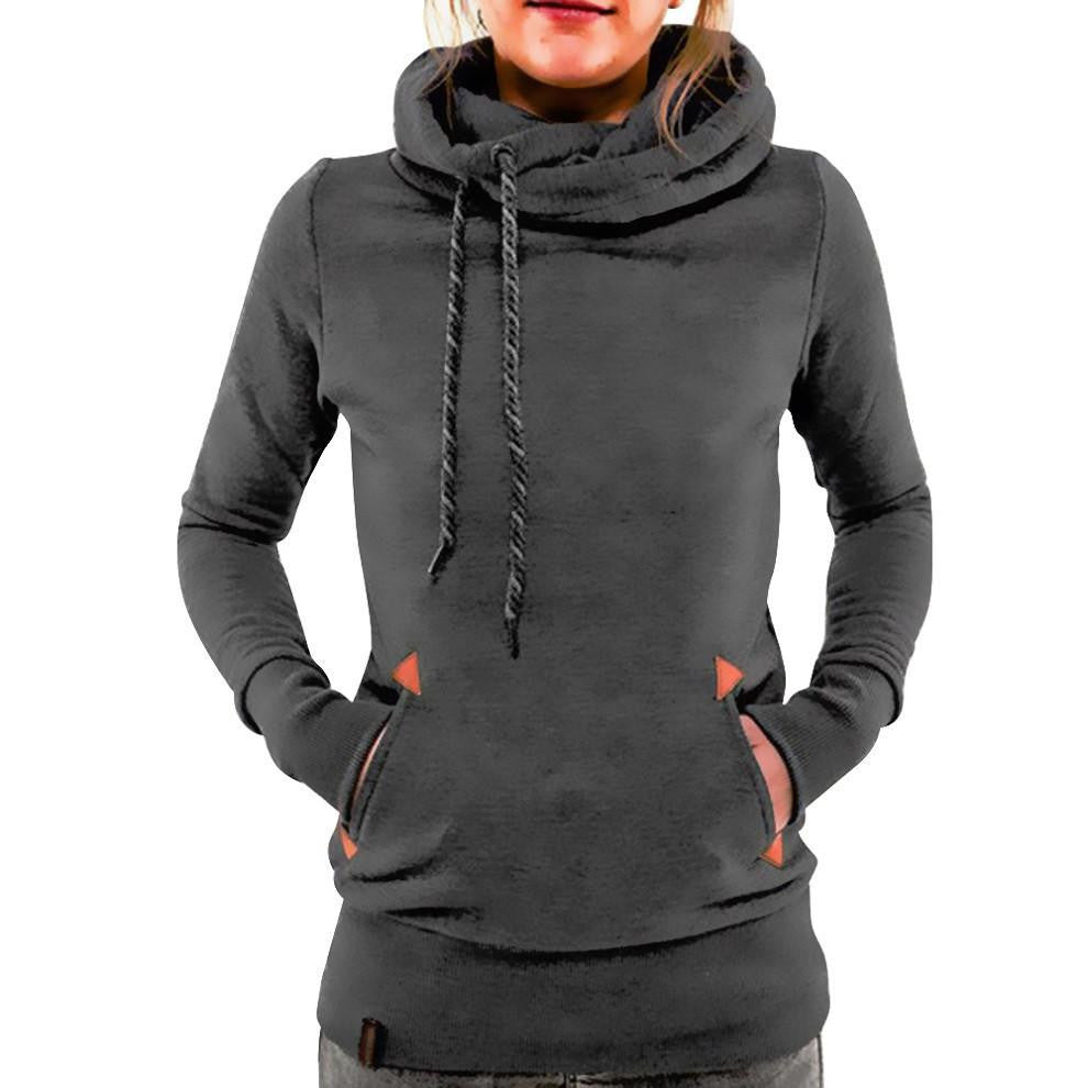 Women's Long Sleeve Heaps Collar Hooded Hoodies Draw Cord Pocket Coat