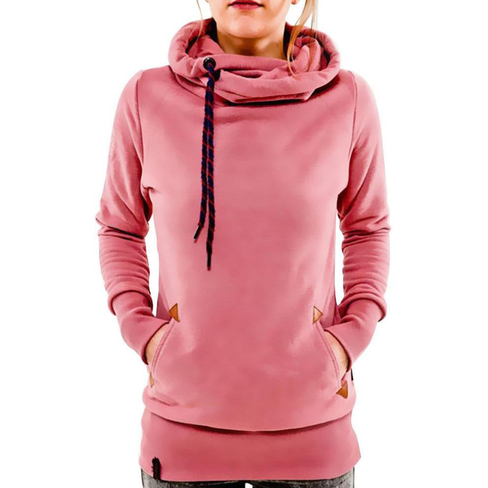 Women's Long Sleeve Heaps Collar Hooded Hoodies Draw Cord Pocket Coat