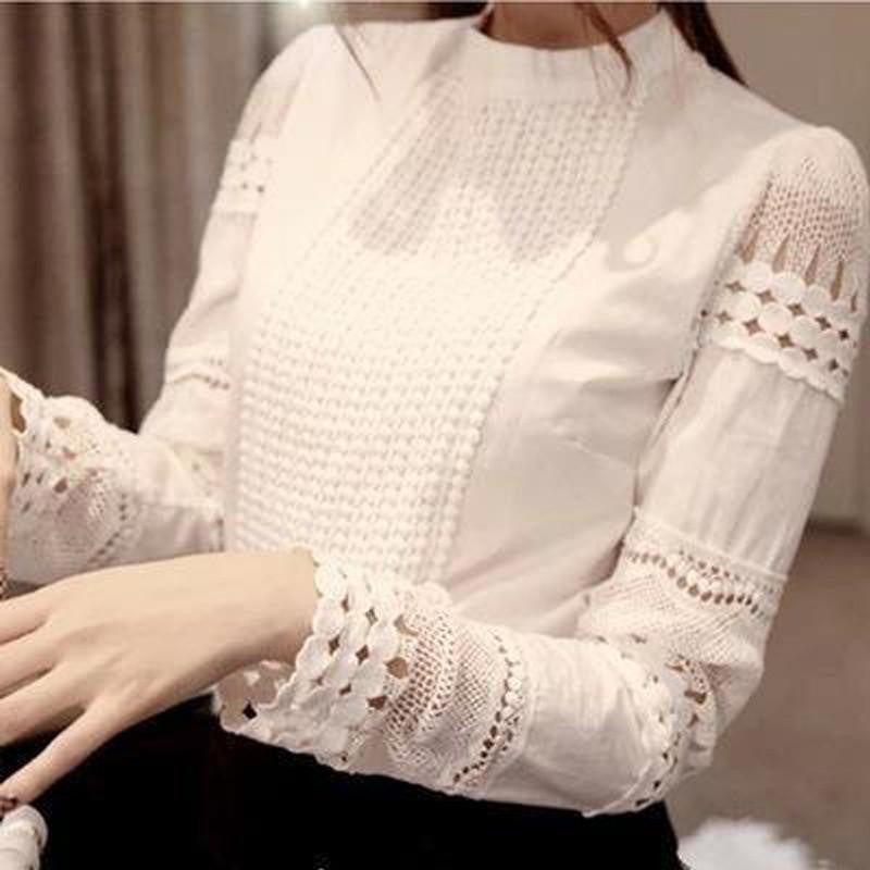 Women Blouse Pattern O Neck Long-sleeve Slim Hollow Elegant Lace Shirts White For Female