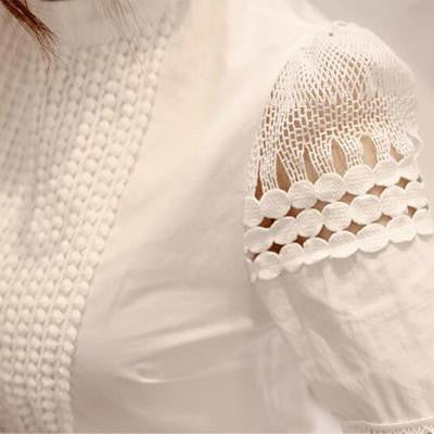 Women Blouse Pattern O Neck Long-sleeve Slim Hollow Elegant Lace Shirts White For Female