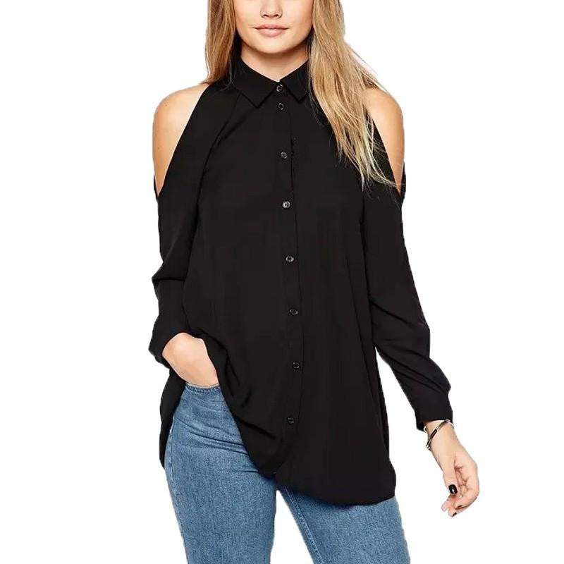 Women Off Long Shirts Chiffon Tops Turn Down Collar Long Sleeve Casual Plus Size Blouse