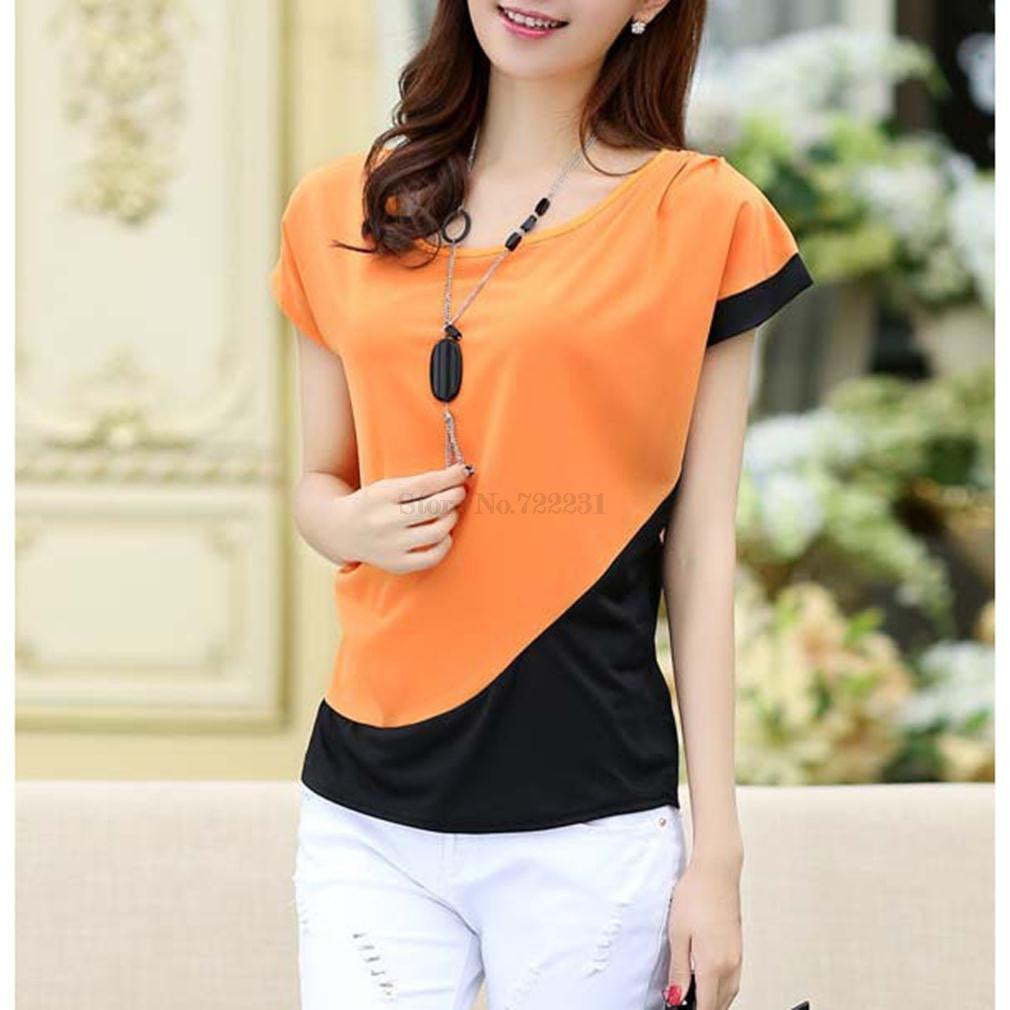 Online discount shop Australia - Blue Orange Red style Chiffon Blouses Women Casual Fashion Patchwork Short Sleeve Shirt Tops plus size