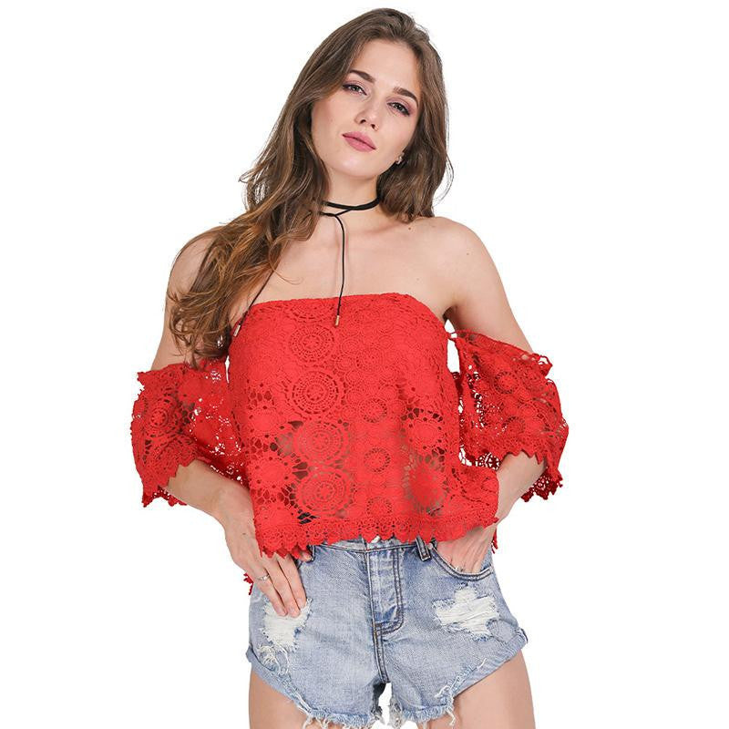 Online discount shop Australia - Elegant hollow out lace crochet white tube top Off shoulder beach blouse Strapless red women tops