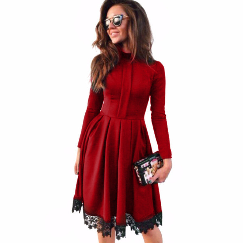 Online discount shop Australia - Autumn Winter Dress New Fashion Women Long Sleeve Slim knee length Lace patchwork Green Party Dresses Plus Size