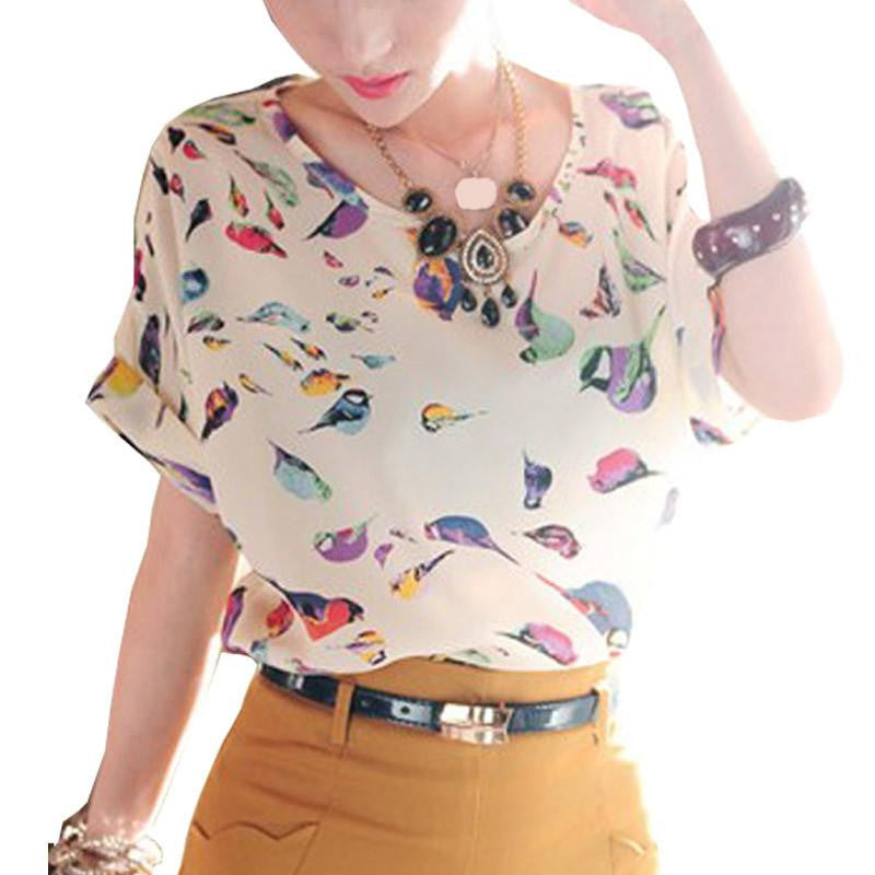 Tribal Bird Plaid Print Batwing Short Sleeve Chiffon Blouses Women Fashion Ladies White Shirt Tunic Tops