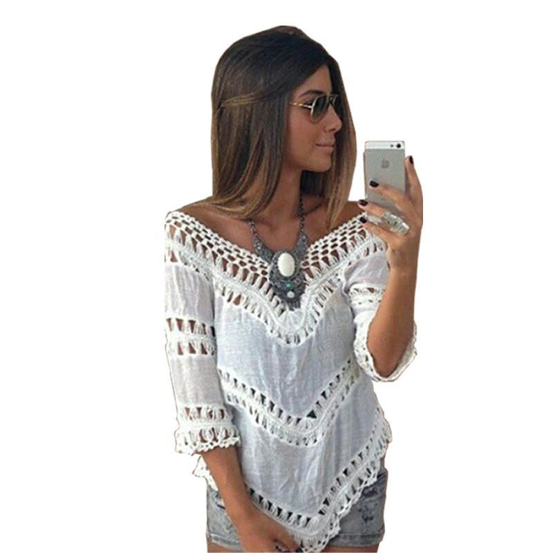 V neck White Tunic Crochet Lace Top Women Elegant Blouse Ladies Beach Shirt Big size