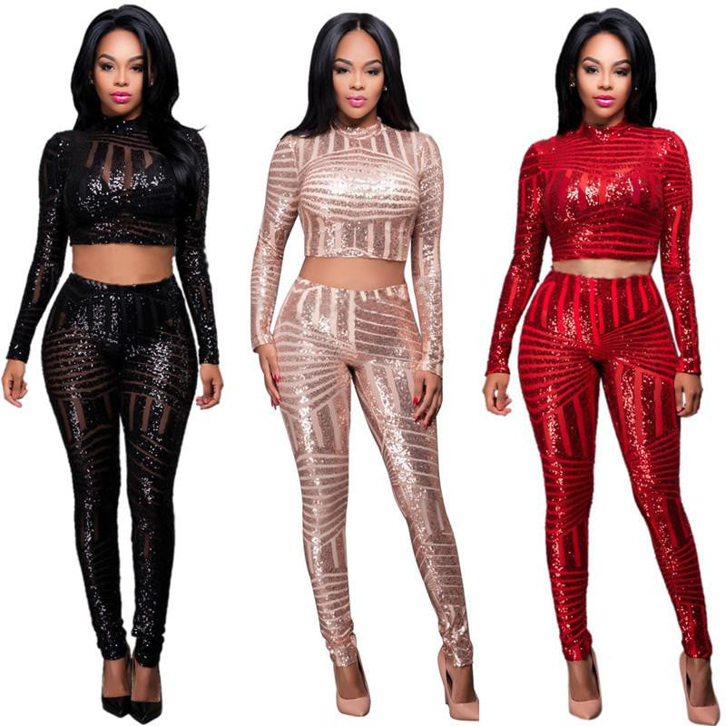 Women Sequined Jumpsuit Mesh See Through Bodysuit Long Sleeve Party Club Jumpsuits Rompers 2 Piece Sets