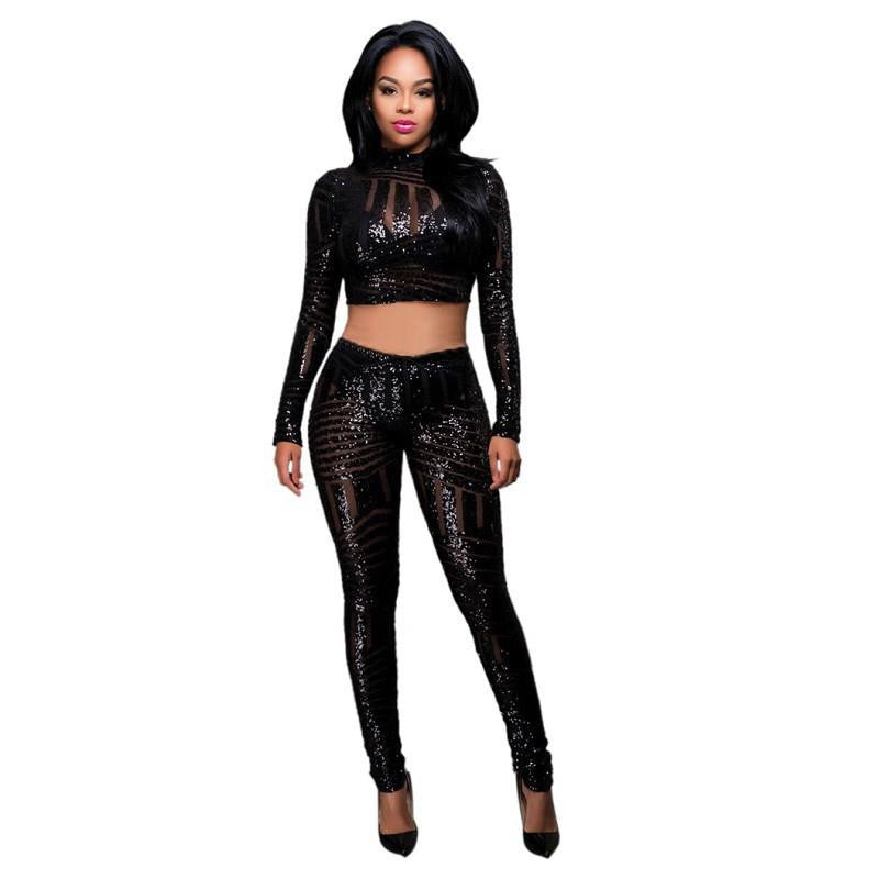 Women Sequined Jumpsuit Mesh See Through Bodysuit Long Sleeve Party Club Jumpsuits Rompers 2 Piece Sets