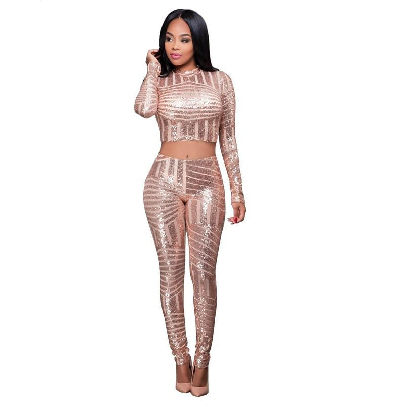 Women Sequined Jumpsuit Mesh See Through Bodysuit Long Sleeve Party Club Jumpsuits Rompers 2 Piece Sets