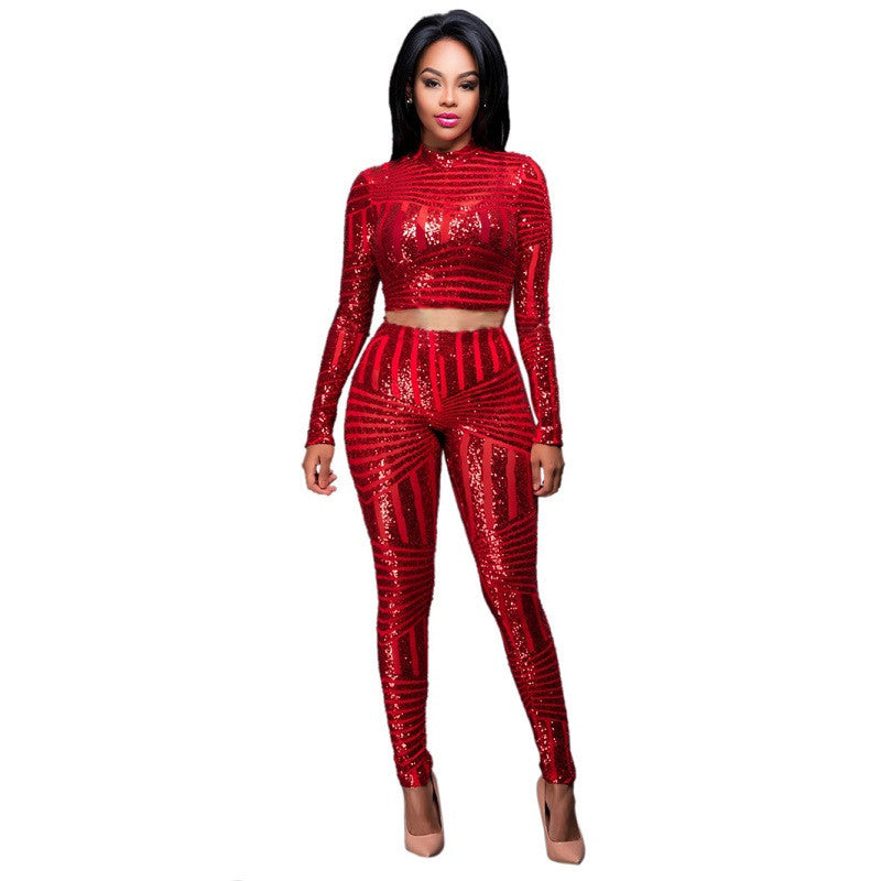 Women Sequined Jumpsuit Mesh See Through Bodysuit Long Sleeve Party Club Jumpsuits Rompers 2 Piece Sets