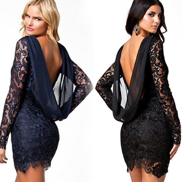 Women Bodycon Lace Long Sleeve Backless Evening Party Mini Dress