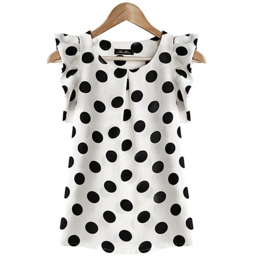 style women blouse tops polka dot ruffled pleated chiffon short-sleeve shirt female plus size chiffon