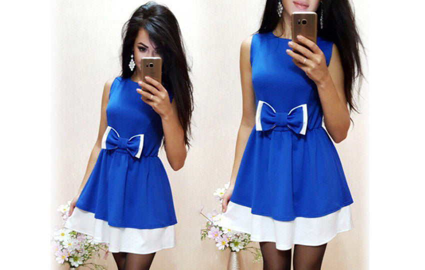 Online discount shop Australia - Casual Women Bow Patchwork Dress O-neck Sleeveless A Line Girl Party Elegant Robe Femme Mini dresses