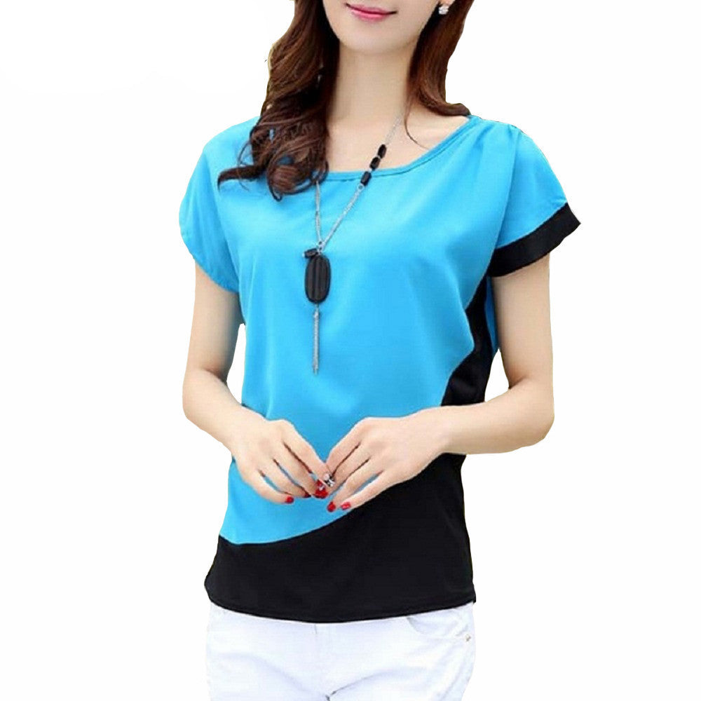 Online discount shop Australia - Fashion Chiffon Blouses Women New Casual Patchwork Short Sleeve casual Shirt Tops