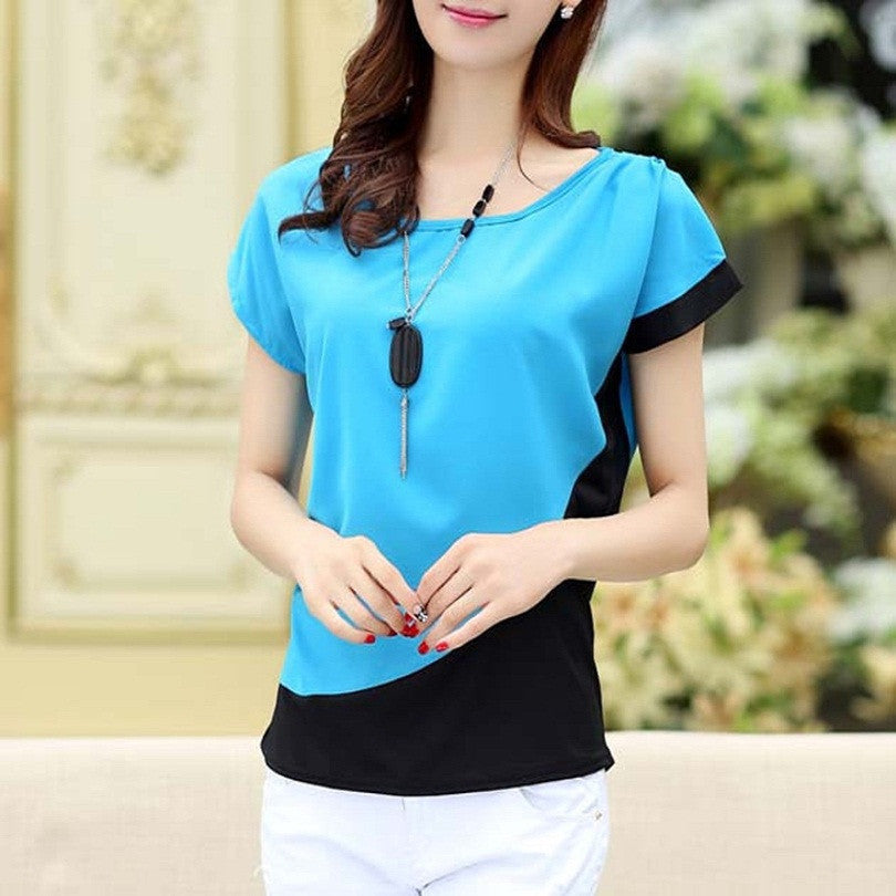 Online discount shop Australia - Fashion Chiffon Blouses Women New Casual Patchwork Short Sleeve casual Shirt Tops